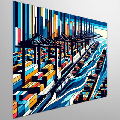 Line art haven schilderij | Harbor Lines: A Stunning Fusion of Art and Sea Inspiration | Kunst - 100x100 centimeter op Dibond | Foto op Dibond