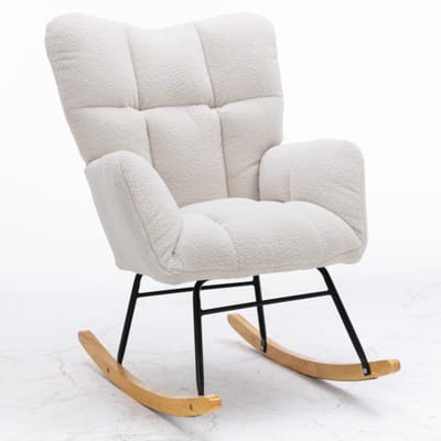 Relaxstoel 89×70×95 cm Schaukelstoel Binnenschaukelstoel Balkon Vrije Tijdstoel Wit Teddy Stof Hooge Rugleuning Woonkamer Comfortabele Zitpositie