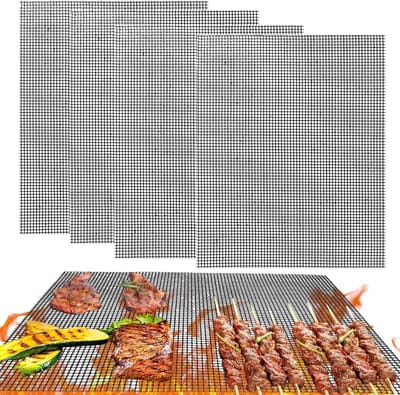 Famanu – BBQ Grill Mesh - set van 4 grillmatten - anti-aanbaklaag - herbruikbaar - hittebestendig - bladeren voor luchtfriteuse - BBQ - yoghurtler (32 x 22 cm)