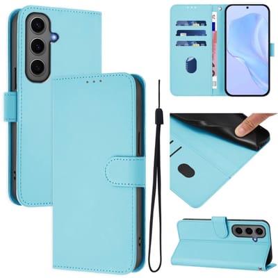 Telefoonhoesje van effen leer met een soepele textuur en draagkoord voor Samsung Galaxy S24+ 5G (lichtblauw)