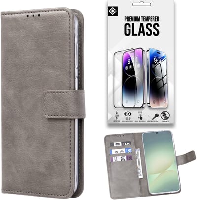 Casemania Hoesje + Glas Geschikt voor Samsung Galaxy A17 5G - Grijs - Portemonnee Bookcase met Pasjeshouder en Standaardfunctie - Telefoonhoesje en Gehard Tempered Glazen Screenprotector