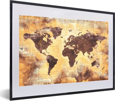 Poster in lijst - Fotolijst 60x40 cm - Posters - Wereldkaart - Glitter - Goud - Posterlijst zwart - Decoratie - Wanddecoratie woonkamer - Muurdecoratie slaapkamer