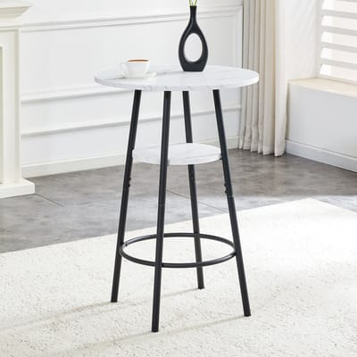 OKWISH Bartafel – Met Opbergruimte – Marmerlook – Voor Keuken En Eethoek – MDF En Metaal Wit – 60x60x89 cm