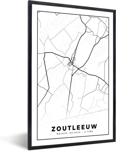 Fotolijst incl. Poster Zwart Wit- Zwart Wit – België – Plattegrond – Stadskaart – Kaart – Zoutleeuw - 40x60 cm - Posterlijst