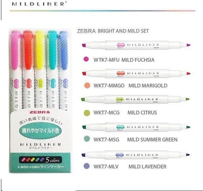 Zebra Mildliner Double Sided Tekstmarker - Fine & Bold – Refresh Bright Colors - Set van 5 + een Zipbag
