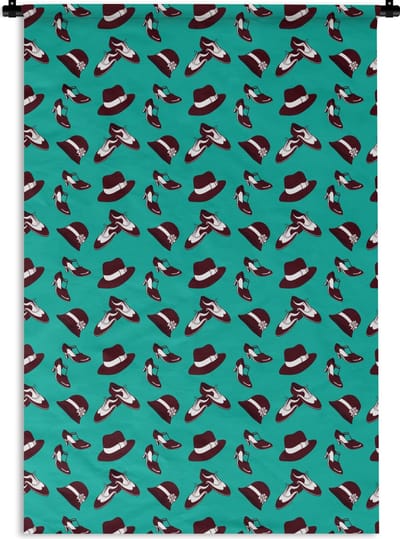 Wandkleed - Wanddoek - Antiek - Hoed - Schoenen - Patroon - 120x180 cm - Wandtapijt