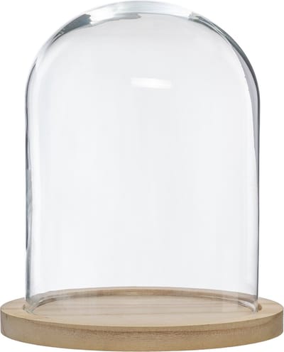 Atmosphera Home decoratie glazen stolp op houten plateau - glas/lichtbruin - D23 x H29.5 cm - Woonaccessoires