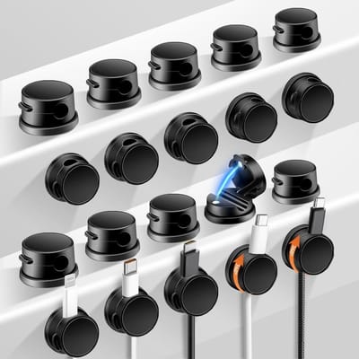 Dailygoods - 20 stuks magnetische kabelclips, 360° draaibare kabelhouder met veer, bureaukabelorganizer, zelfklevende kabelmap voor nachtkastje, keuken, kantooraccessoires (zwart, 20 stuks)