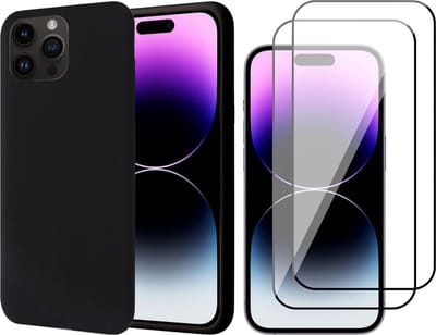 Hoesje geschikt voor iPhone 14 Pro - 2x Screen Protector FullGuard - Back Cover Case SoftTouch Zwart & Screenprotector