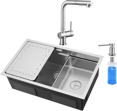 CECIPA max Spoelbakken Keuken 70x44CM - Spoelbak Keuken Met Keukenkraan met Uittrekbare Uitloop en Zeepdispenser 300ML - Multifunctionele Spoelbak - Spoelbak Met Afdruiprek - Wasbak Keuken - RVS
