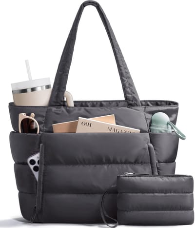 Puffer Tote Bag voor Dames - Lichtgewicht Donzige Schouderhandtas - Met Afneembaar Klein Tasje & Handig Laptopvak - Incl. Trolley Sleeve voor Reizen - Voor Kantoor, Woon-werkverkeer & Dagelijks Gebruik - Zwart