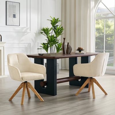 MIVRAY Eetkamerstoel 58 x 46 x 82 cm - 360° Draaibaar Met Armleuningen - Voor Eethoek En Keukeneiland - Stof En Hout Beige