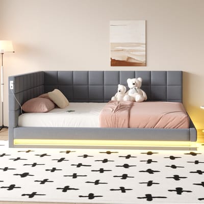 Wishdor Gestoffeerd Slaapbankbed – 160 x 200 cm – Led-Lichtstrip met App-bediening – Usb-Aansluiting – Linnen Grijs – Lattenbodem voor Stevige Ondersteuning – Inklapbaar voor Woonkamer of Slaapkamer