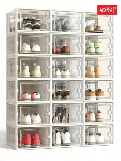 Hoppa! schoendozen, set van 18, opbergdozen voor schoenen, schoen organizer, plastic dozen, opvouwbaar en stapelbaar, voor schoenen tot maat 42, transparant wit