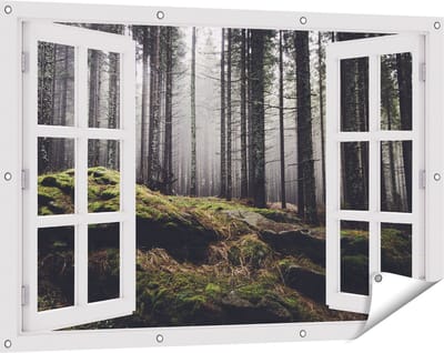 Gards Tuinposter Doorkijk Bos met Mos op Rotsen - 120x80 cm - Tuindoek - Tuindecoratie - Wanddecoratie buiten - Tuinschilderij