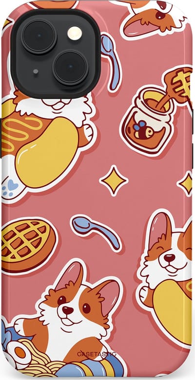 Casetastic Hoesje Geschikt voor Apple iPhone 15 Magsafe - Stijlvolle Beschermende Duo-layer Case - Corgi snacks