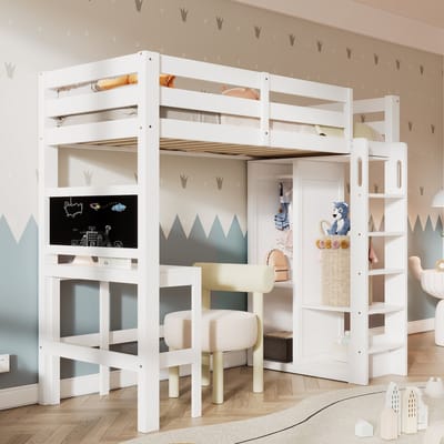 Wishdor Hoogslaper - 90x200 cm - Met Bureau, Dubbelzijdig Krijtbord En Open Kledingkast - Inclusief Ladder - Hout - Wit