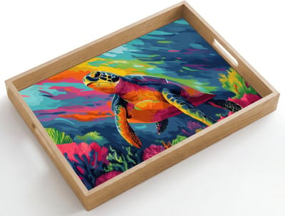 Dienblad hout 50x35 cm - Schootdienblad - Koraal - Schildpad - Abstract - Water - Borrelplank rechthoek - Plateau dienbladen