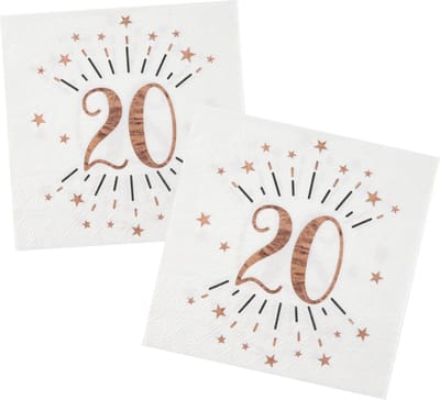 Verjaardag feest servetten leeftijd - 20x - 20 jaar - rose goud - 33 x 33 cm