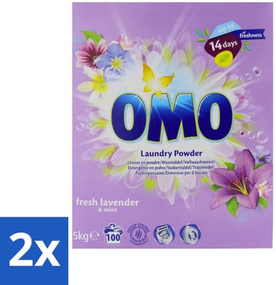 2 x Omo - Waspoeder - Lavendel & Mint - 5 kg - 100 Wasbeurten - Wasmiddel - Waspoeder - Lavendel En Mint - Wasbeurt - Wasgoed