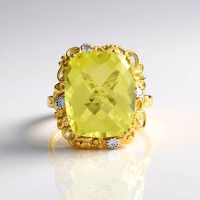 Cavill - Elegante Ring 925 Sterling Zilver met Palladium - 18,9 ct Braziliaanse Ouro Verde Kwarts - Antiek Schaakbordslijpsel - Witte Zirkonia Sieraad