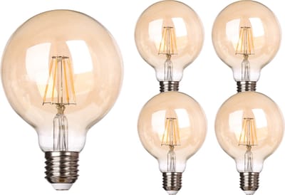 Trango Set van 5 LED E27 2500 Kelvin warm wit goudkleurig E27003*5 - 4 Watt - 400 lumen, filament lamp, amber vintage gloeilamp, LED Globe voor retro verlichting, LED lamp, Edison lamp G95, Ø 9,5cm
