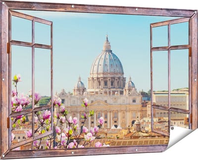 Gards Tuinposter Doorkijk Sint Pietersbasiliek in Rome met Bloemen - 150x100 cm - Tuindoek - Tuindecoratie - Wanddecoratie buiten - Tuinschilderij