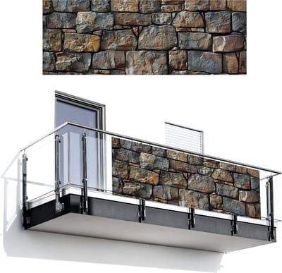 Balkonscherm 300x110 cm - Balkonposter Stenen - Steenoptiek - Grijs - Bruin - Balkon scherm decoratie - Balkonschermen - Balkondoek zonnescherm