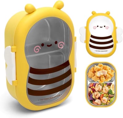 Bento lunchbox met 2 vakken, cartoon bijen ontwerp (22,5 x 16 cm), vaatwasmachinebestendige broodtrommel, praktische lekdoos voor ontbijt, picknick en reizen