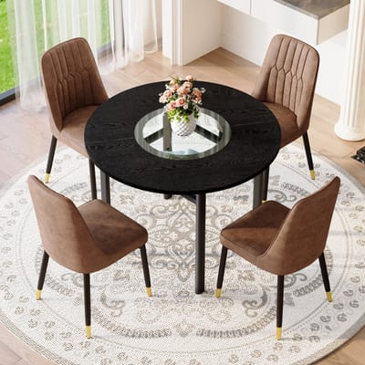 Moderne minimalistische ronde tafelset (met 4 bruine fauteuils van technisch textiel en zwarte metalen poten), ronde tafel met een diameter van 100 cm in zwart houtlook, geschikt voor de woonkamer.