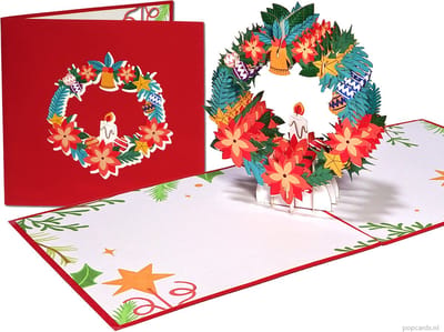 Popcards popupkaarten - Kerstkaart Kerstkrans met Kerstroos Kerstklok en Kaars versiering feestdagenkaarten pop-up wenskaart
