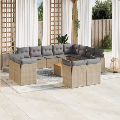 vidaXL - 13-delige - Loungeset - met - kussens - poly - rattan - gemengd - beige