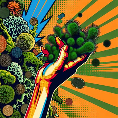 Pop art mos schilderij | Mossy Marvel: A Vibrant Fusion of Pop Art Masterpiece | Kunst - 30x30 centimeter op Canvas | Foto op Canvas
