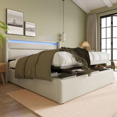 DESMIU Gestoffeerd Bed 140x200cm – Met Ledverlichting En Hydraulische Opbergruimte – Opklapbare Bedbodem – Voor Slaapkamer – Pu – Wit – Met Matras