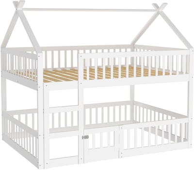DESMIU Kinder Hoogslaper 140x200cm – Familiebed met Trap en Deur – Veilig Omheind Slaap- en Speelgedeelte – Voor Kinderkamer – Massief Hout – Wit – Zonder Matras