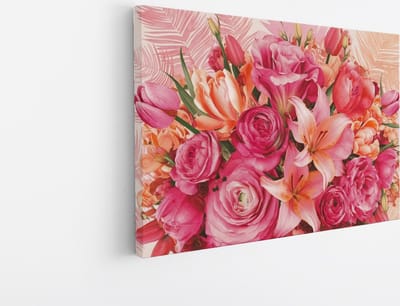 Saammp Canvas Schilderij - Bloemen Boeket Roze en Oranje - Natuur - Abstract - 45x30 - Foto op canvas - Wanddecoratie - Muurdecoratie Woonkamer - Kantoor Decoratie