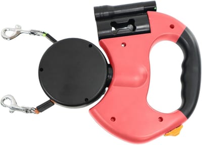 VHV - Hondenriem - Hondenriem 3 meter - Uitschuifbare dubbele hondenriem - 3 meter lange dubbele riem - Voor twee honden - Flexibele dubbele hondenriem - Met antisliphandvat - Voor kleine en middelgrote honden - Rood