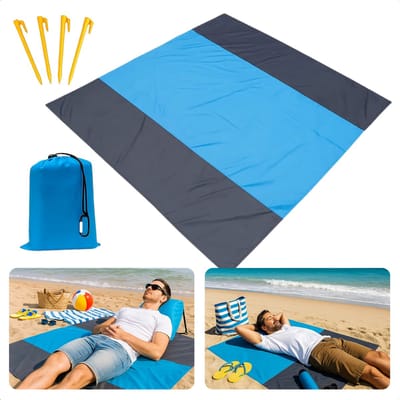 Cheqo® Strandmat Waterafstotend - Picknickkleed Groot - Lichtgewicht Strandmat - Opvouwbare Picknickkleed - Strandmat Met Haringen - Picknickkleed Met Opbergzak - 210x200 cm Kleed - Blauw Grijs Kleed - Polyester Strandmat
