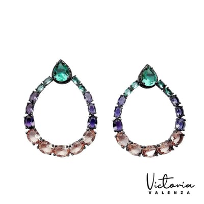 Victoria Valenza Saint-Tropez Luxe Oorbellen Dames Messing Oorhangers Dames Oorringen - Meerkleurige Steen - Kleur Zwart - 1 Paar