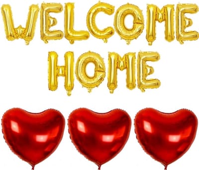 Welcome Home folie ballonnen set goud met 3 rode harten - welkom - thuis - folie - ballon- hart - decoratie - babyshower