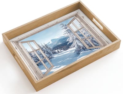 Dienblad hout 40x30 cm - Schootdienblad - Doorkijk - Winter - Landschap - Natuur - Berg - Bomen - Wit - Borrelplank rechthoek - Plateau dienbladen