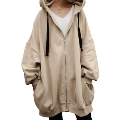Sweat à capuche pour femme Automne Cordon de serrage Manteau Sweat Longues Manches Poches Patte de boutonnage Fermeture Éclair Mi-long Uni Sweat à capuche Vêtement d'extérieur M abricot