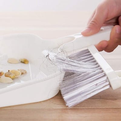 Handbezem Stoffer - Kleine set - Bureau opruimen - Gekarteld ontwerp - 28 x 21 cm - Wit