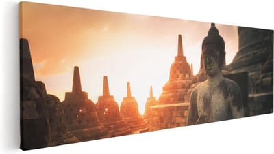 Artaza Canvas Schilderij Boeddha Zonsondergang - 60x20 cm - Wanddecoratie Spiritueel - Muurdecoratie Bali - Kamer Accessoires
