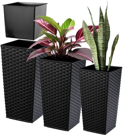 KADAX Bloempotset, bloempot van kunststof, plantenbak, weerbestendige bloempot, voor binnen en buiten, weerbestendige bloempot (zwart rotan, set van 3 stuks)