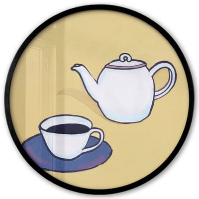 Poster in lijst Rond - Fotolijst 40x40 cm - Posters - Theepot - Kopje - Beige - Illustratie - Ronde posterlijst zwart - Decoratie - Wanddecoratie woonkamer - Muurdecoratie slaapkamer