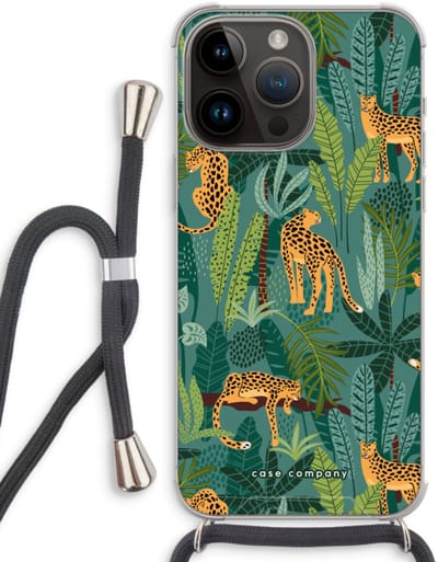 Case Company® - Hoesje met koord geschikt voor iPhone 14 Pro Max hoesje met Koord - Luipaard 2 - Telefoonhoesje met Zwart Koord - Bescherming aan alle Kanten en Over de Schermrand