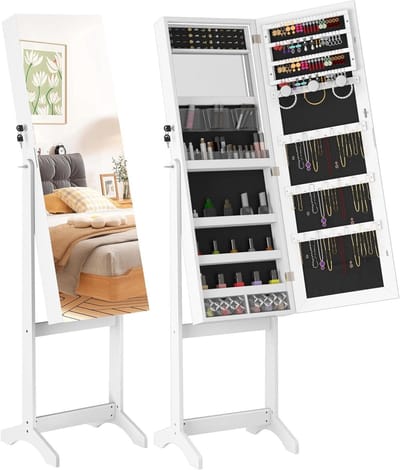 Juwelenkast met spiegel - Make-up opberger - Sieraden opbergen - Afsluitbaar met sleutel - 152 cm hoog - Wit