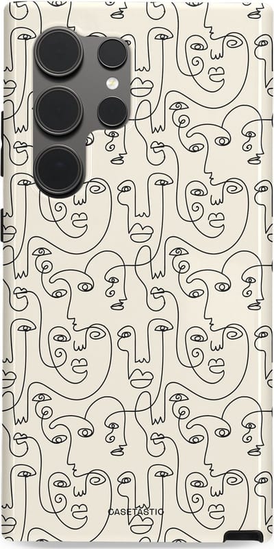 Casetastic hoesje geschikt voor Samsung Galaxy S24 Ultra - Dubbellaagse bescherming - Art Deco Creme Abstractie Lijntekening Gezichten - Fashion Case - Zilver Crème Wit
