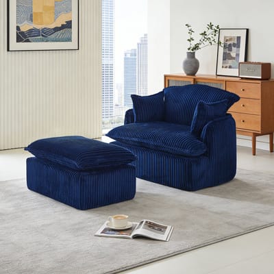 REDOM - Fauteuil Met Hocker - Compact - Geen Montage Nodig - Modern Met Vintage Charme - Voor Woonkamer - Flanelstof - Blauw - 115 x 89 x 77 cm